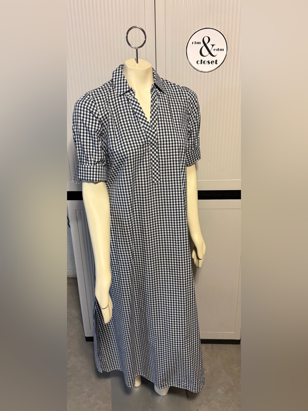 J Jill Gingham Collared Maxi Dress in Navy & White | Perfect for Casual Outings!